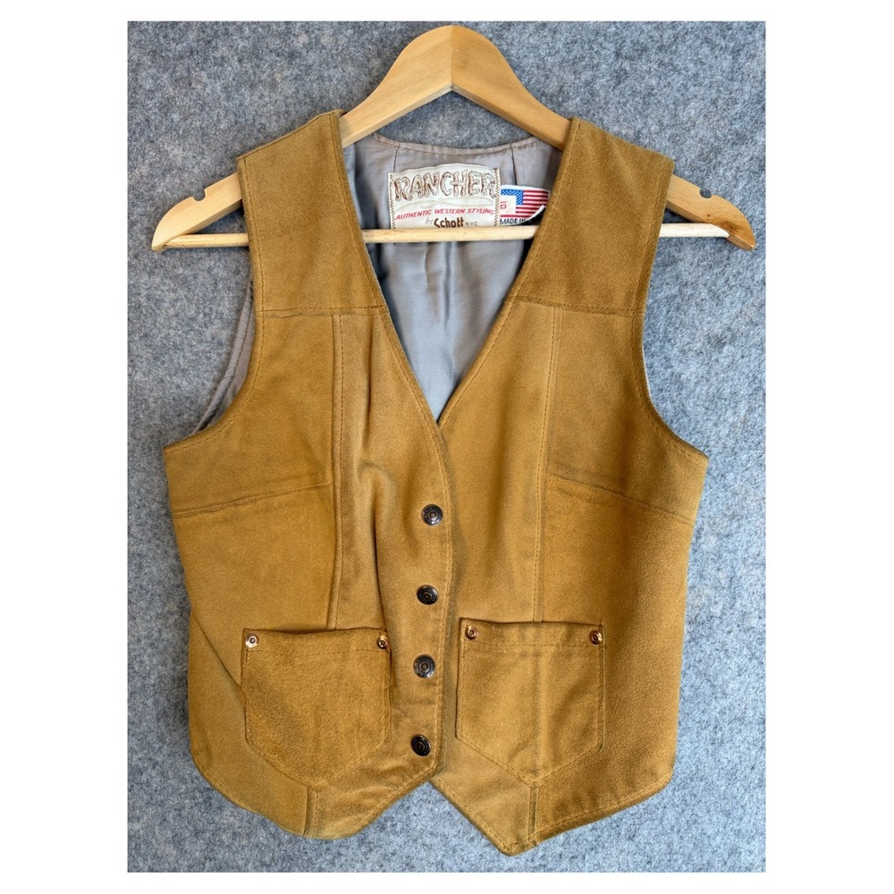 Vintage 70s Schott Rancher Vest Womens 10 Tan Suede Leather Western Boho Cowgirl
